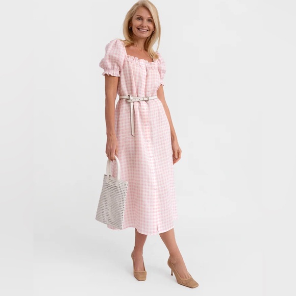 BRIGITTE MIDI LINEN DRESS IN PINK VICHY - Picture 2 of 6